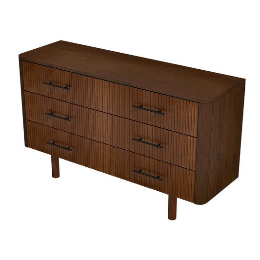 Modern six-drawer dresser with wooden finish and pull handles, brown, no setting.