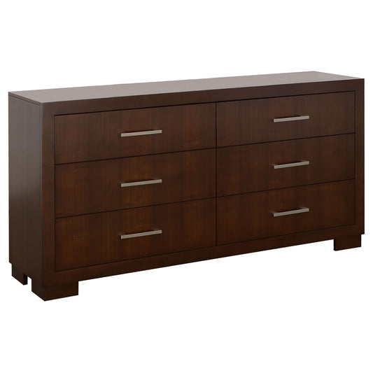 A wooden 6-drawer dresser with sleek metal handles against a plain background.