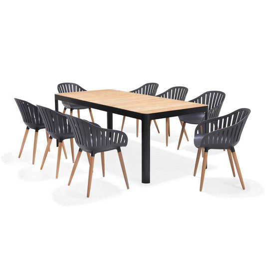 Rectangular teak dining table with 8 black Nassau chairs, supplier photo
