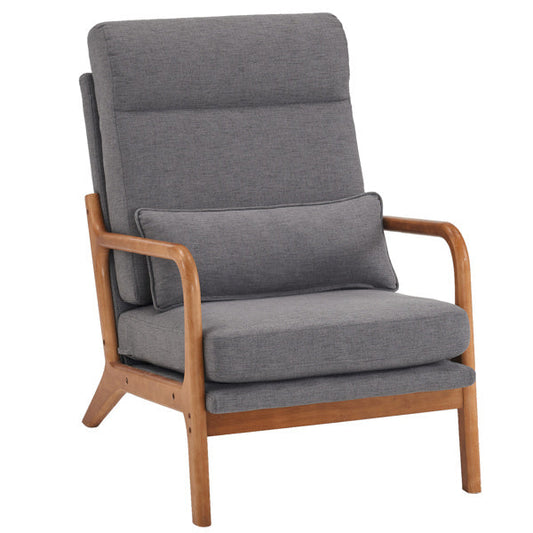Scandinavian lounge chair with dark gray upholstery and light wood frame.