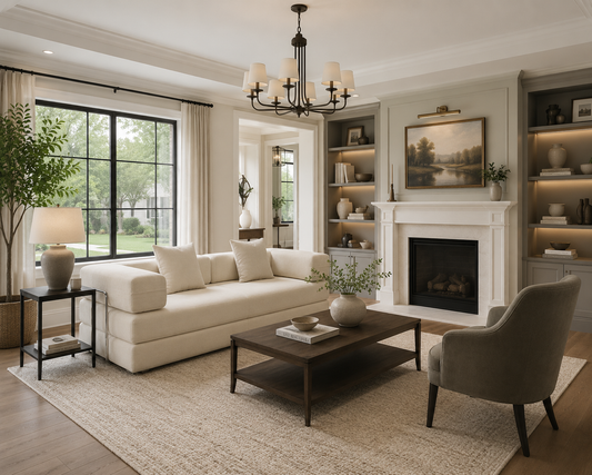 White sofa with built-in storage beneath the armrests, surrounding by a clean and elegant room with light walls, wooden flooring, large windows, and a minimalist decor.