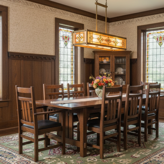 Mission Stow Leaf Table with #401 Chair Dining Set in a wood finish, dark oak color, dining room setting with stained glass windows