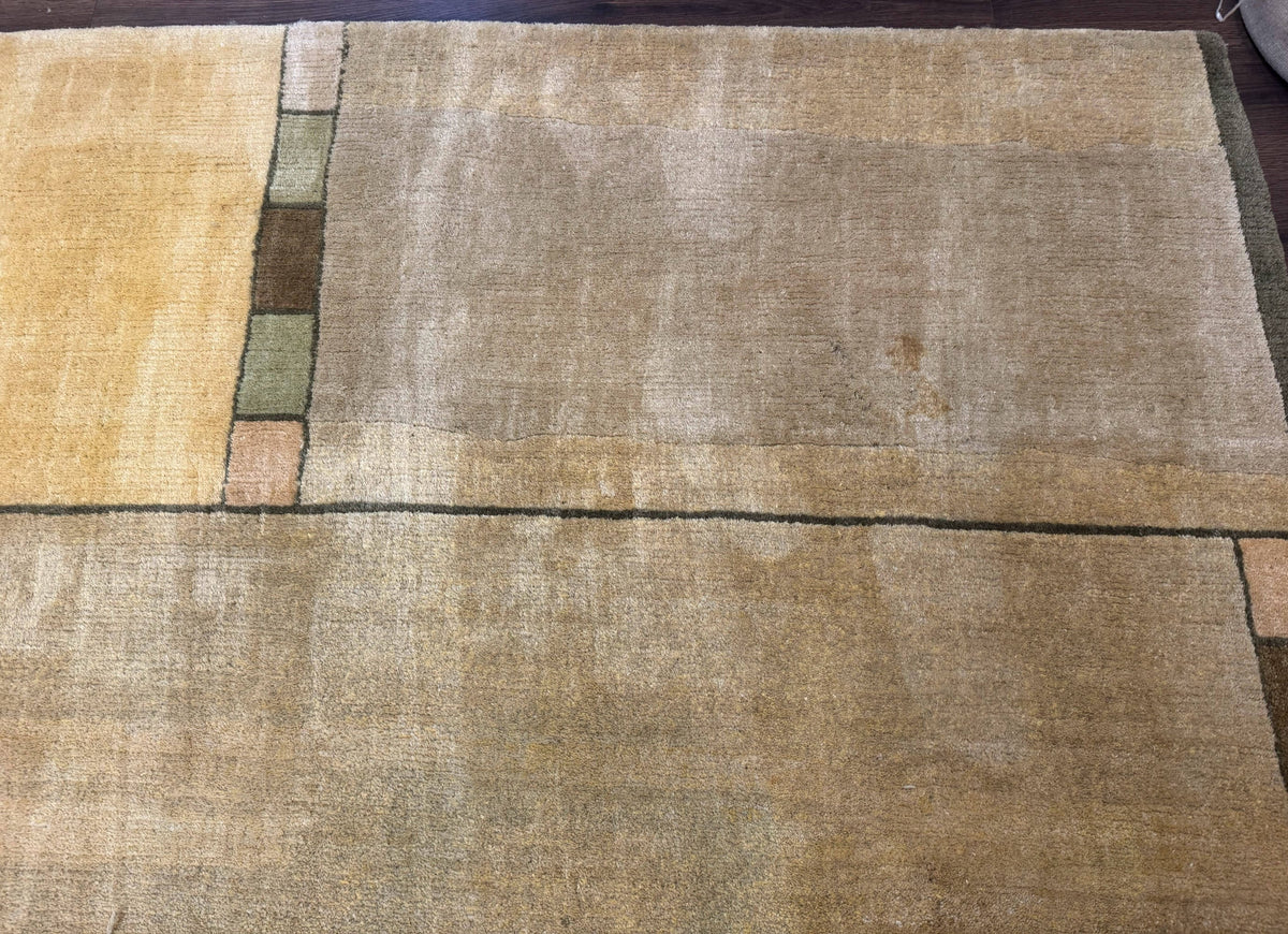 Vintage Wool Tibetan Rug Hand-Knotted Block Field, beige and soft yellow, view 8