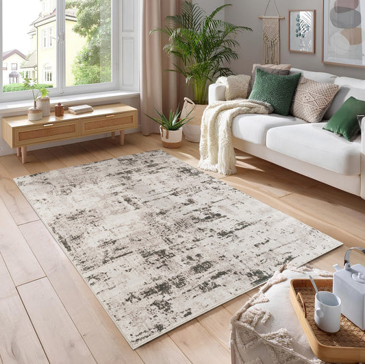 Beige area rug with black abstract pattern on wooden floor, white couch with pillows near window, green plants, natural light, wooden coffee table.