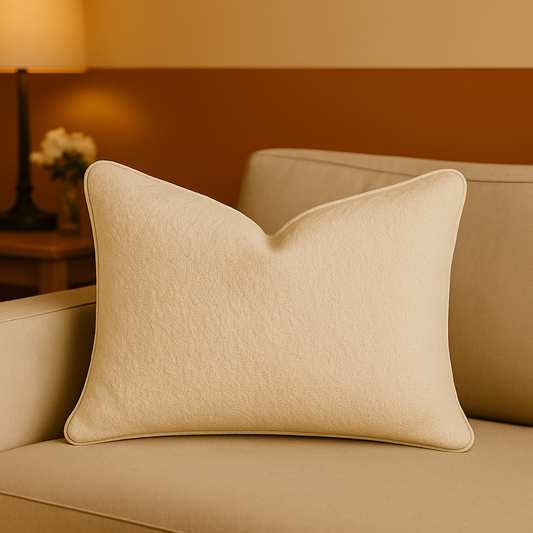 Beige textured throw pillow on a cream armchair, soft and cozy with a lamp and flowers in the background.
