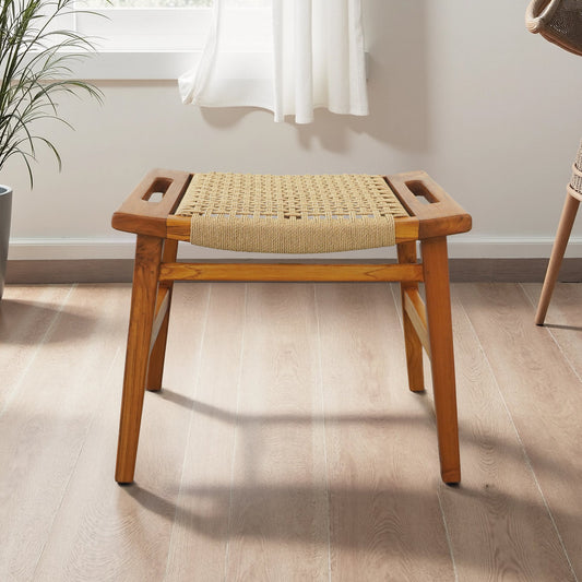 Wooden stool with woven seat, light wood finish, indoor setting.