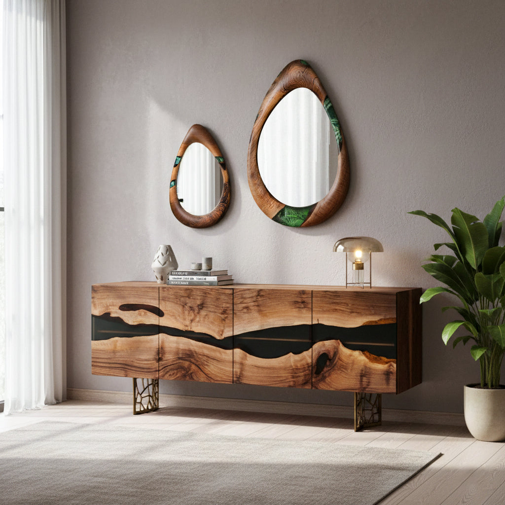Wood and Resin Buffet with Geometric Pattern