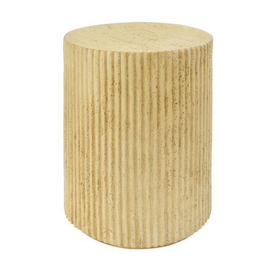 Cylindrical outdoor side table with ribbed texture, antique brown MGO material, neutral setting.
