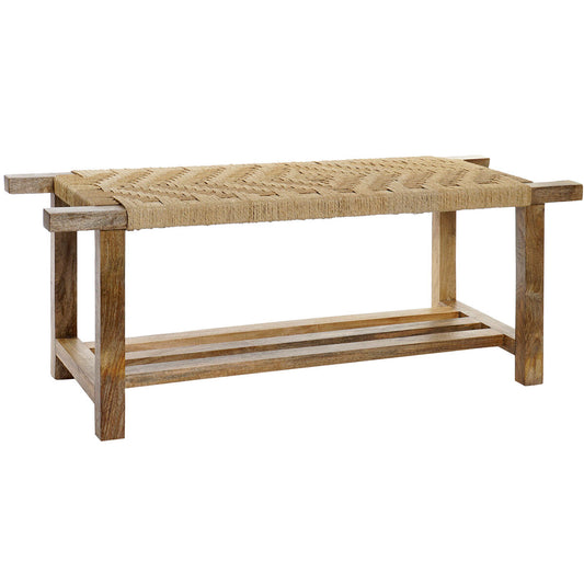 Natural wood framed bench with woven rope top