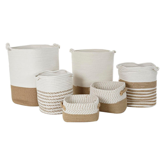 A set of white and beige woven baskets with different sizes