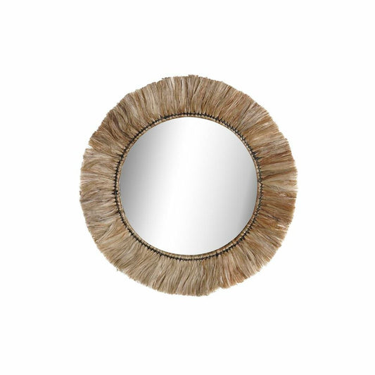 Round mirror with natural straw frame and reflective surface