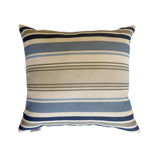 Striped outdoor pillow with multiple shades of blue and beige, square shape, plain fabric