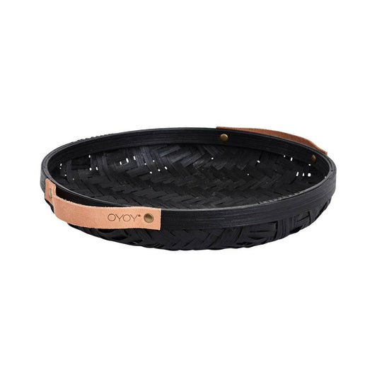 Black woven basket with brown leather trim, displaying the 'OYOS' logo.