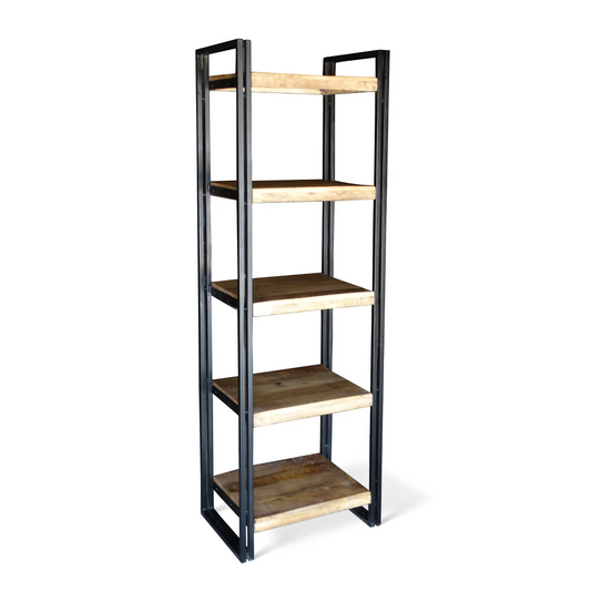 Tall bookcase with mango wood shelves and black metal frame