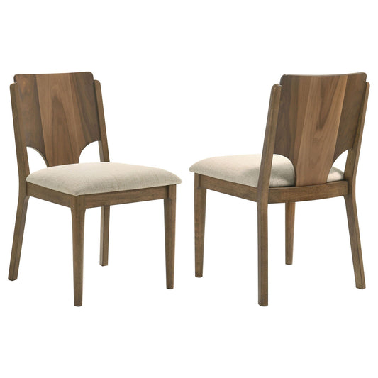 Two walnut dining chairs with upholstered seats and wooden frames