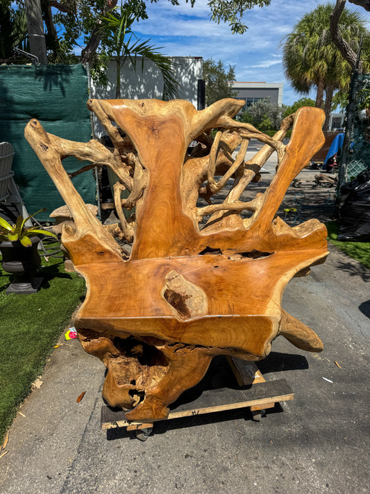 A teak root sofa on a makeshift stand outdoors, natural finish, light brown, no visible signs of quality issues.