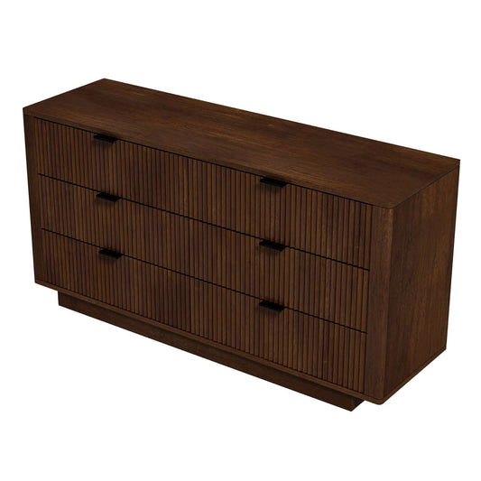 A dark brown wooden dresser with six drawers, featuring modern horizontal striations and minimal handles.