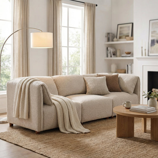 3-piece beige boucle sectional sofa in a minimalist living room setting