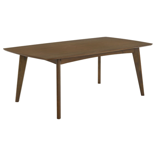 Wooden dining table with a dark walnut finish, simple legs, plain white background.