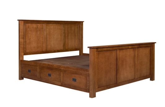 Mission Oak Storage Panel Bed with Three Drawers in MC stain.