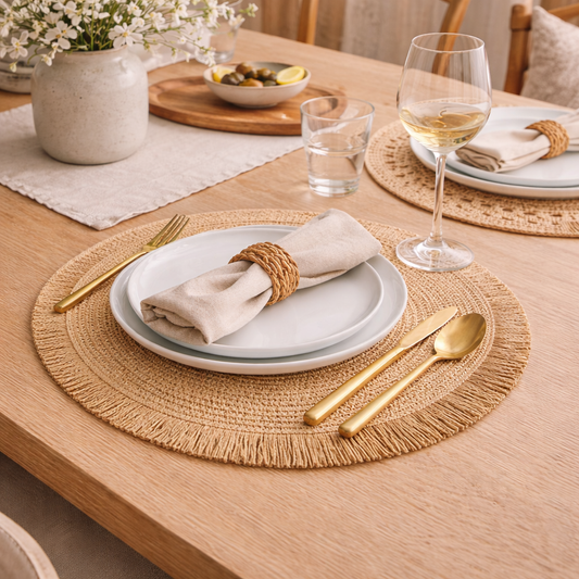 Santorini Straw Fringe Placemat with white plate, beige napkin, gold cutlery, and wine glass on wooden table with another place setting in background.