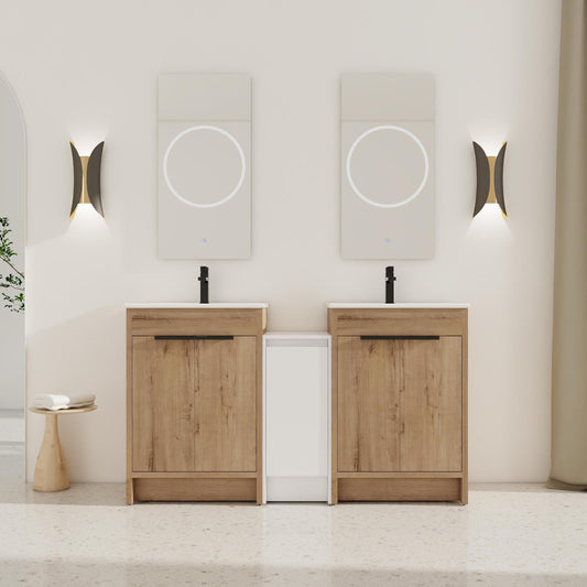 Two light wood 60 inch freestanding bathroom vanities with ceramic sinks, mounted mirrors, wall sconces and a small table with rolled towels in a minimalistic bathroom setting