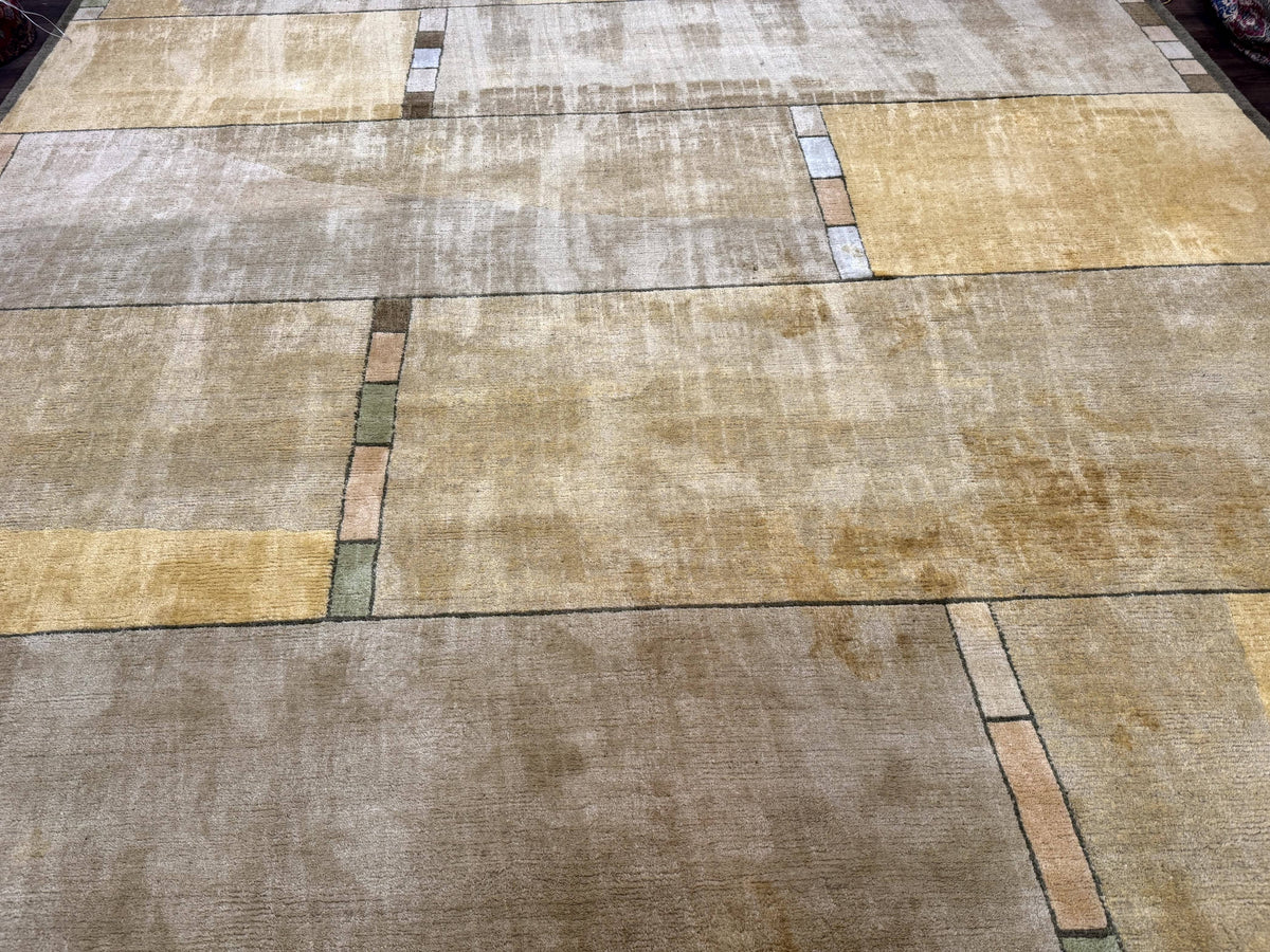 Vintage Wool Tibetan Rug Hand-Knotted Block Field, beige and soft yellow, view 5