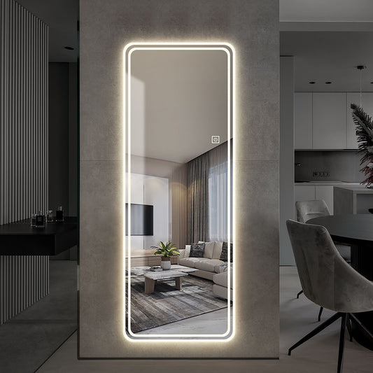 Full-length floor mirror with LED lights and white frame in a modern dining area setting.