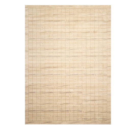 Wool rug with a grid pattern, beige with subtle brown details on a plain background