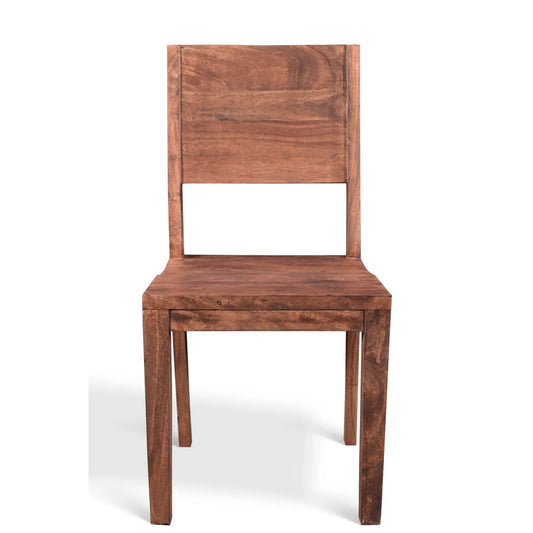 Simple acacia wood dining chair with natural finish and rich brown tones.