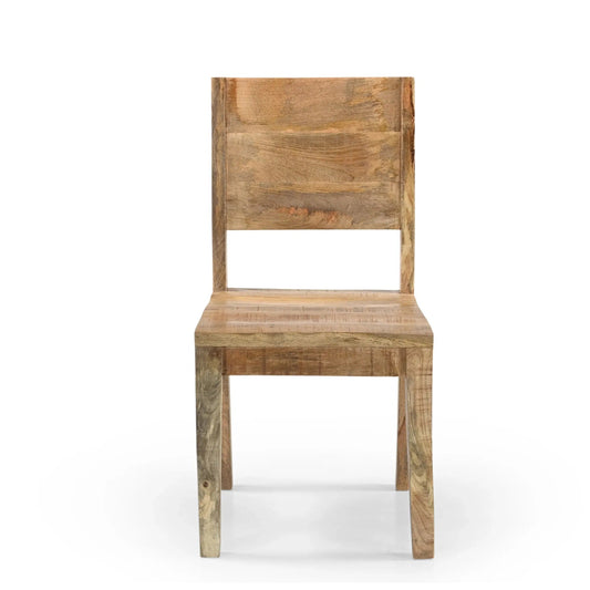 Solid mango wood chair with simple backrest and no finishing, natural light brown colour.