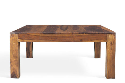 A rectangular table made from solid sheesham wood with a natural finish and rich brown color against a plain white background, showcasing its natural grain and structure.
