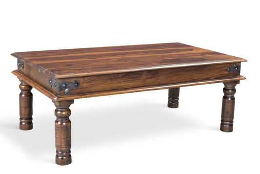 Thakat Coffee Table made of dark brown wood with metal hinges on a white background.