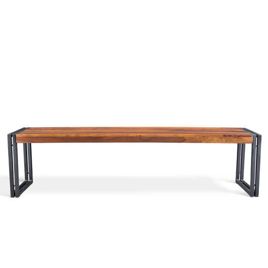 Solid sheesham bench with metal legs, wood grain finish, brown colour, minimalistic setting