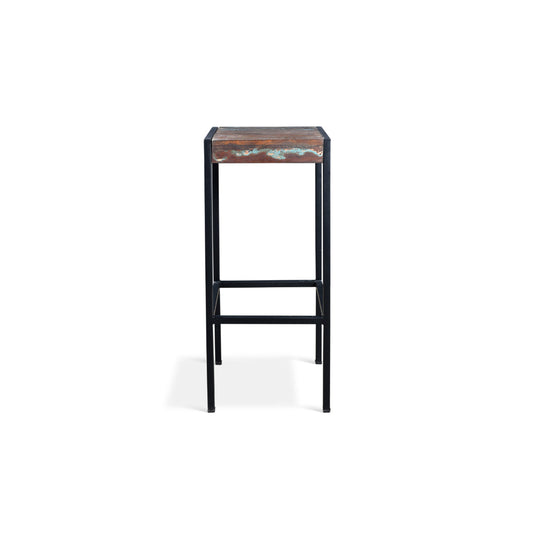 Reclaimed wood stool with metal legs against white background