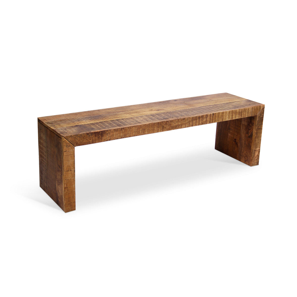 Solid mango wood bench with natural wood finish, brown color, no setting visible