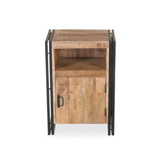 Wooden side table with natural finish, metal frame, natural wood and black color, isolated.