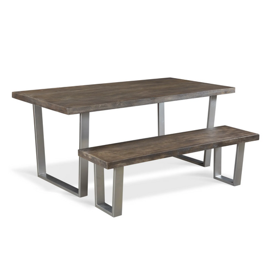 Lark Grey Mango Wood 3 Piece Dining Table Set - rectangular wooden table and bench with silver metal legs.
