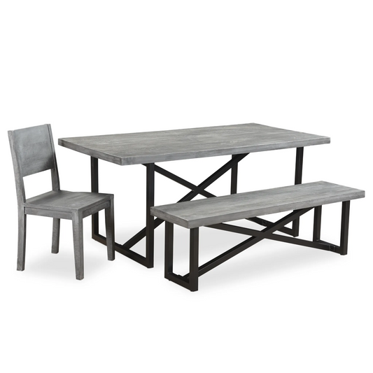 Raven Grey 5 Piece Dining Table Set: table, bench, and chair with weathered grey finish on wooden surface, black metal legs, white background