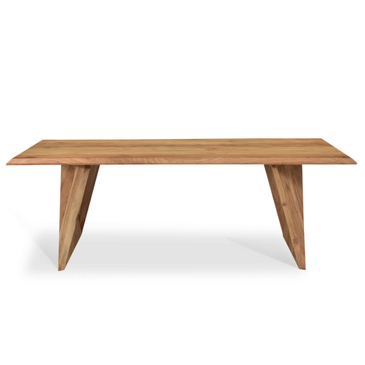Rectangular wooden coffee table with live edge and angled legs, light brown finish
