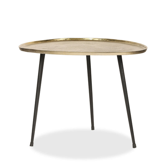 Round coffee table with gold edge and black legs on plain white background.