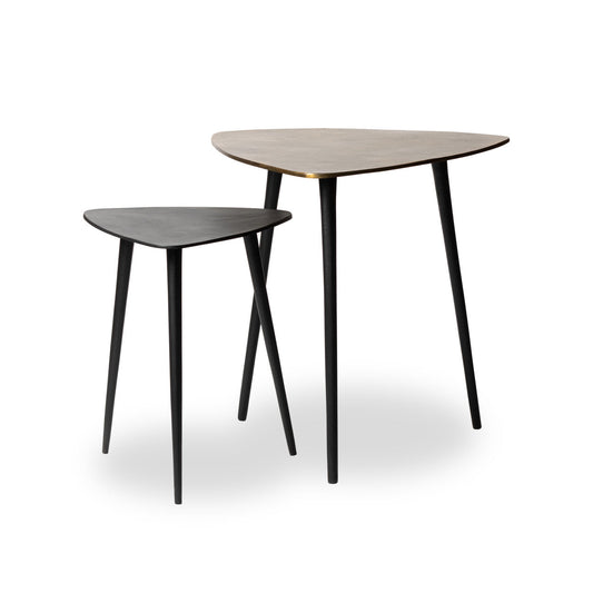 Black trumpet-shaped nesting tables with slender legs, set against a white background