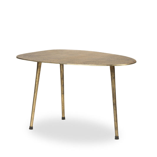 Circular coffee table with a textured gold finish and four thin legs