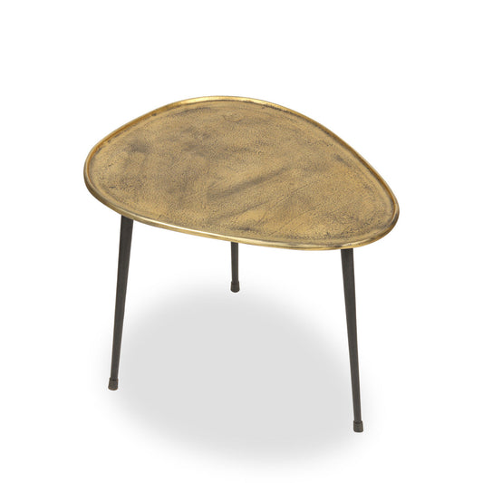 Vintage-style coffee table with a textured gold top and black legs, presented against a white background