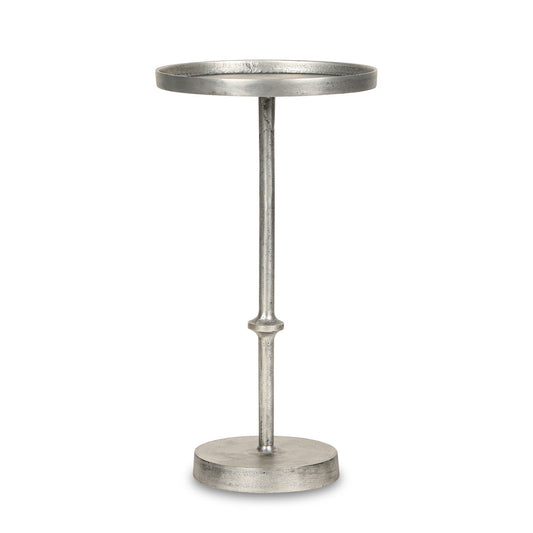 Silver tabletop with a high vertical post and circular base.