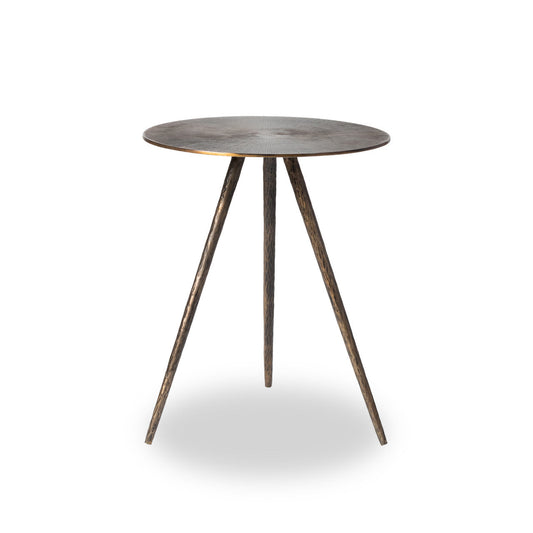 Round end table with three spindly legs, dark wood finish and brass rim.