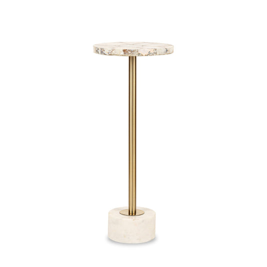 Curlew agate end table with Brass and marble finish, off-white and beige color.