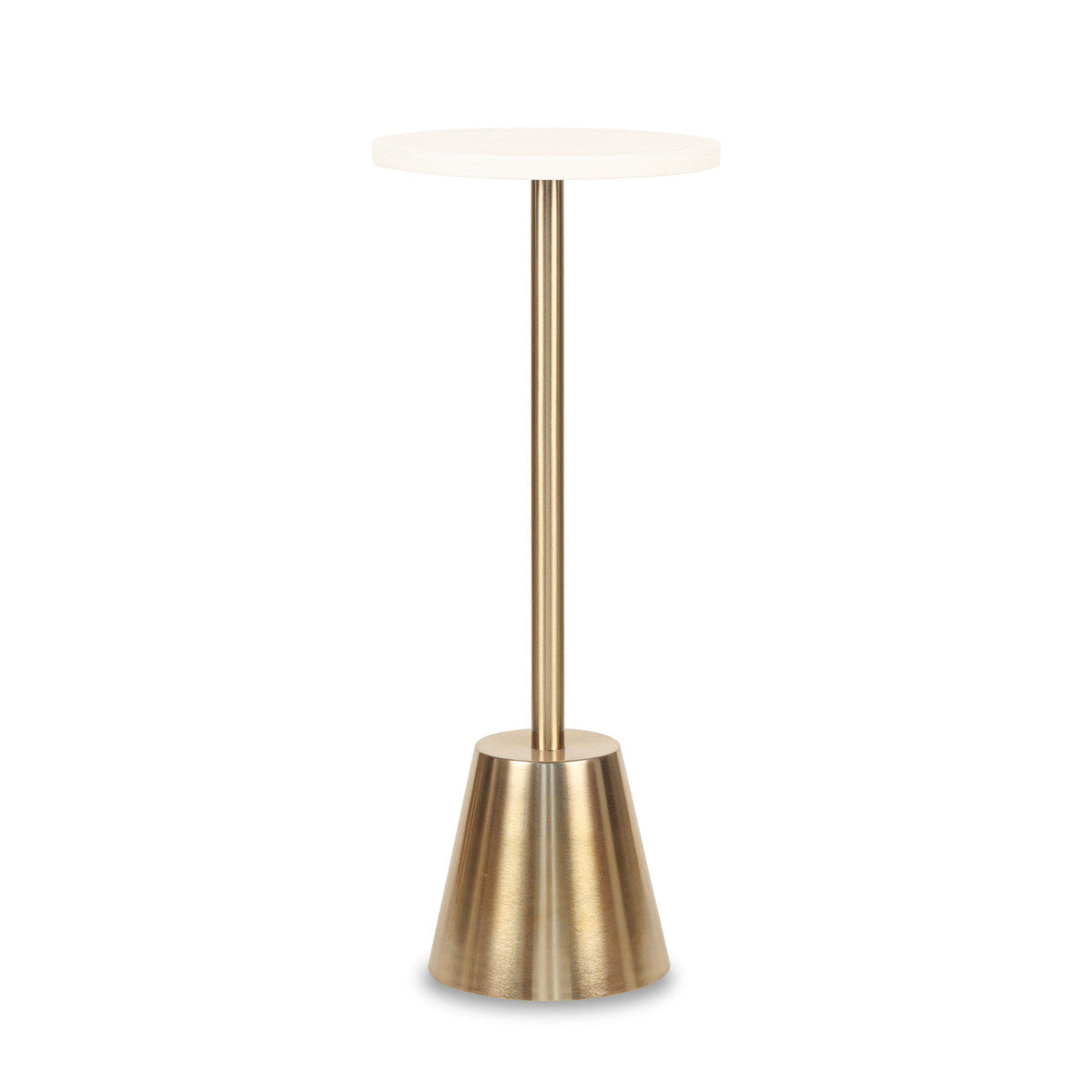 A minimalist Crane martini table with a marble top and brushed brass finish.
