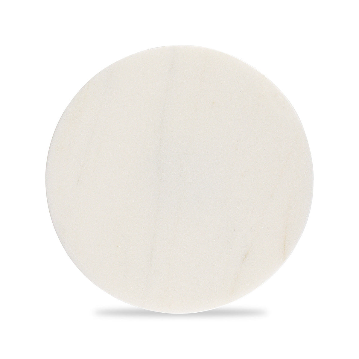 Circular white marble table top on white background.