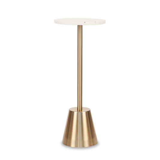 A tall side table with a marble top and a brass finish.